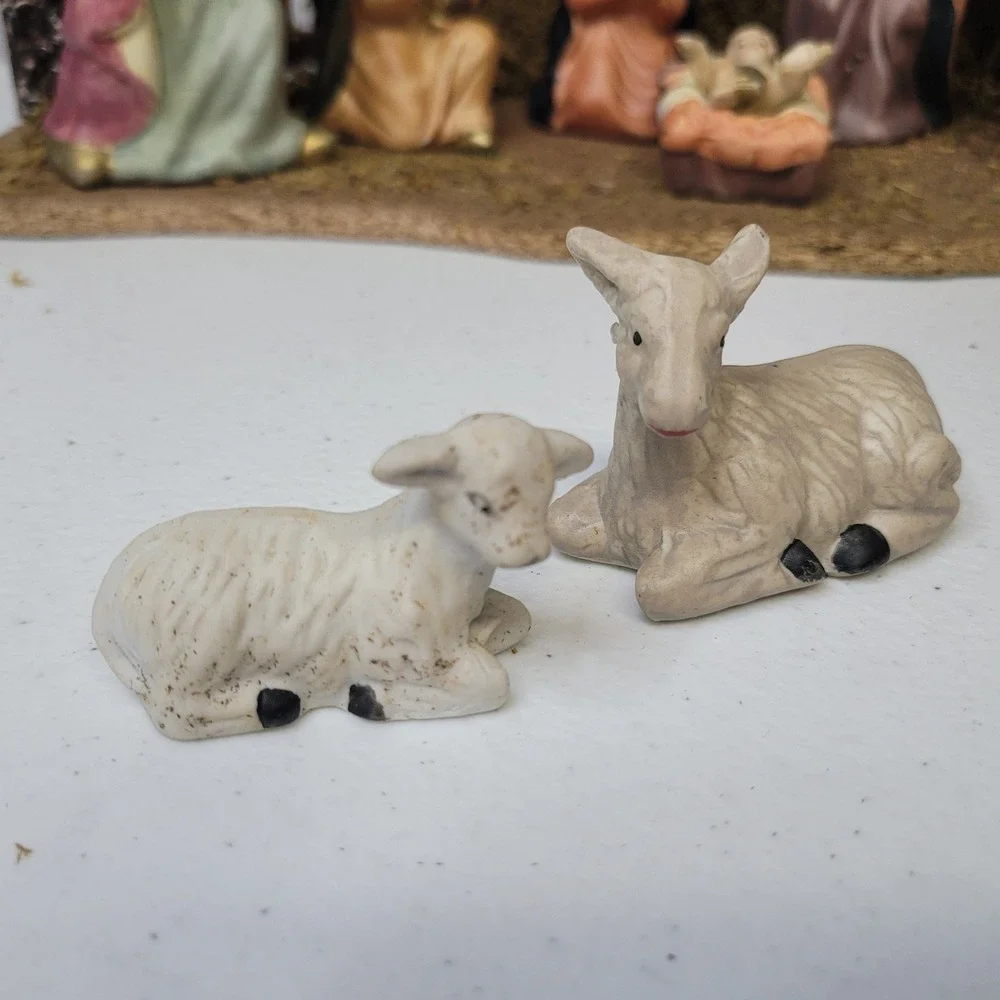 Ceramic Nativity‎ Wooden Moss Manger Religious Scene Handmade Vintage Mixed Race